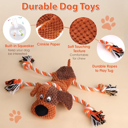 Drmstow Plush Dog Toys with Rope, Squeaker & Crinkle Paper – Interactive Squeaky Chew Toy for Large Dogs & Puppies – Tough...
