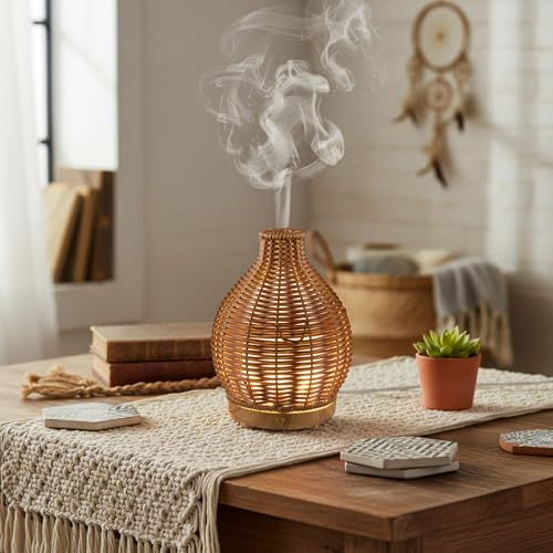 Copkim Essential Oil Diffuser Rattan Woven Boho Aroma Humidifier 80ml Ultrasonic Aromatherapy Diffuser with Timer and Wate...