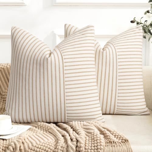 YCOLL Farmhouse Pillow Covers 20x20, Modern Accent Square Throw Pillow Covers Set of 2, Khaki and Beige Striped Patchwork ...