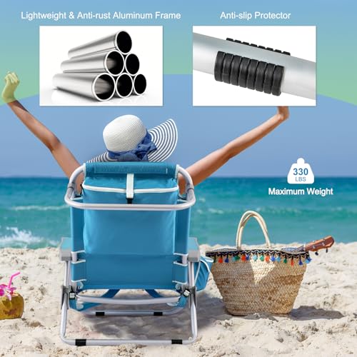 Goplus Beach Chair, 330lbs Folding Backpack Chairs for Adults with 5-Position Backrest, Storage Pockets, Towel Bar & Headr...
