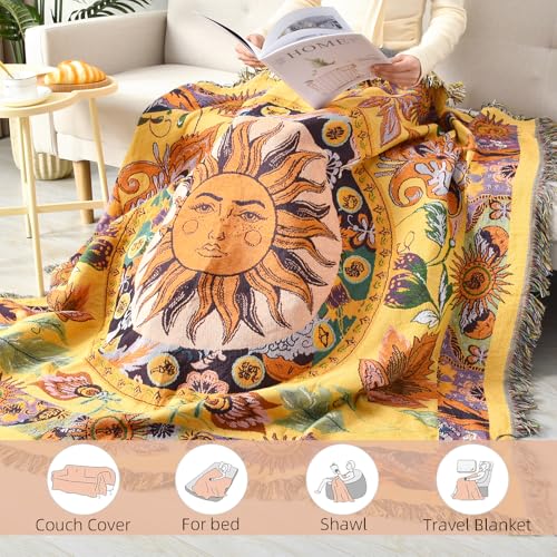 Shesyuki Boho Throw Blanket Reversible Cotton Bohemian Tapestry Hippie Room Decor Outdoor Blanket Double Sided (National S...