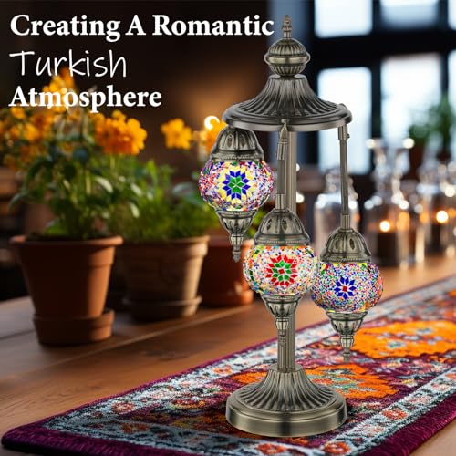 Marrakech Turkish Lamp 3 Globes Moroccan Table Lamp with Bronze Base, 23" Tall Handmade Colorful Tiffany Mosaic Glass Nigh...