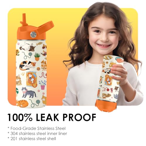 Cat Gifts for Kids - 16 Oz Orange Cat Water Bottle with Straw Lid, Stainless Steel Insulated Tumbler, Leak Proof, for Boys...