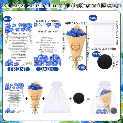 Suncalla 30 Sets Funeral Favors for Guest Forget Me Not Dried Flowers Bouquets Mini Magnet Dried Flower Bouquets with Card...