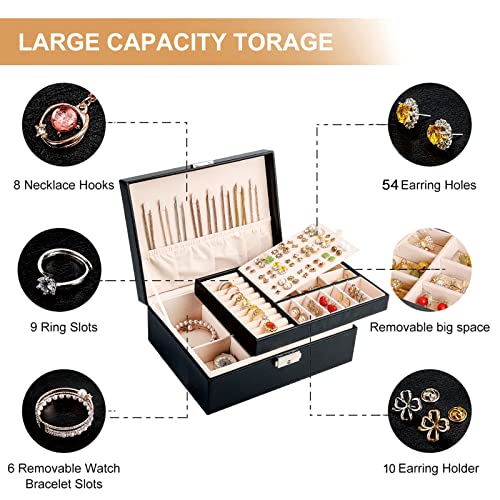 Sanikeon Jewelry Boxes for Women Girls 2 Layers leather Jewelry Organizer Case with Lock Storage Box Removable Tray for Ne...