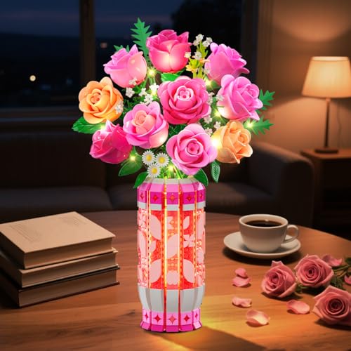 CUBIMANA Romantic Pink Roses Bouquet Building Set with Vase & LED Light- Gifts for Mothers Day - 3.6MM Mini Flowers Buildi...