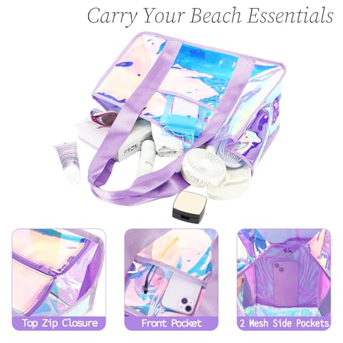 Fammart Iridescent Clear Beach Bag for Women, Jelly Tote Bag Waterproof Sandproof Pool Bag Cruise Vacation Essentials