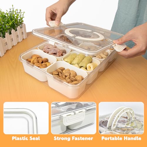 HRXFOZ Divided Serving Tray with Lid and Handle,8 Compartments Snacks Box,Snack Fruit and Veggie Tray,Portable Platter for...