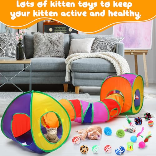 VercanMonth 21 Pcs Cat Tunnels for Indoor Set, 3 In1 Collapsible Cat Tunnel Toy with Cube Tent Toys Combo and 20 Pcs Inter...