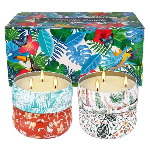 4-Pack Citronella Candle Set in Decorative Tropical Flower Tin Boxes - 3-Wick Functional Decorative Candles for Indoor & O...