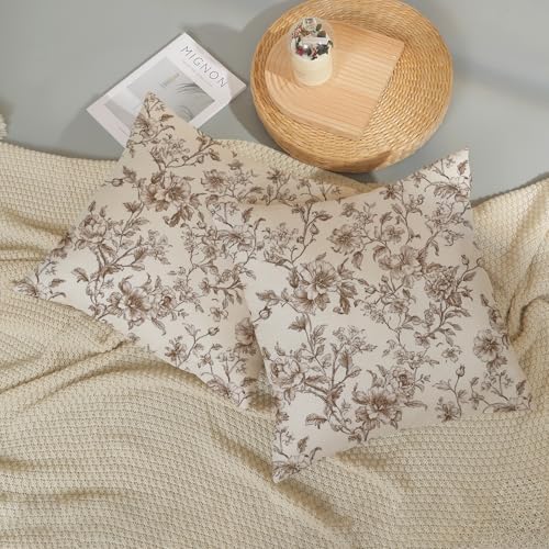 GOLIANDA Brown Pillow Covers 16x16 Set of 2 Brown and Cream Floral Chinoiserie Throw Pillows Vintage Rustic Toile Flower D...