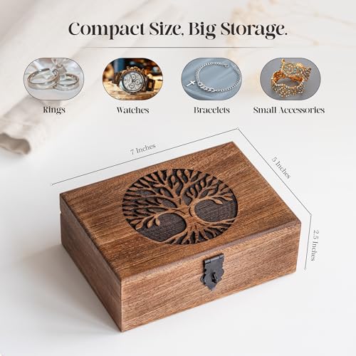 inanosa Handmade Mango Wood Tree of Life Jewelry Box, 7x5 inch Hand Carved Keepsake Box & Organizer, Unique Gift for Men &...