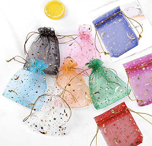 SUMAJU 100 Pieces Moon Star Organza Jewelry Candy Bags, 2.7x3.5 Inch Random Color Organza Favor Bags Gift Pouch with Draws...
