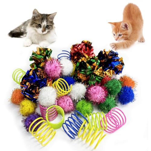 hersmile Cat Toys for Indoor,35 Pack Interactive Cat Toy Pack Including Crinkle Balls,Sparkle Balls,Spiral Springs for Mos...