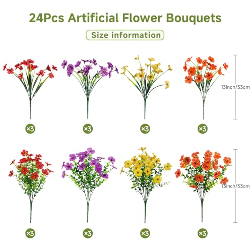 Alupssuc 24 Bundles Artificial Flowers for Outdoors Decoration, UV Resistant Silk Faux Floral Spring Summer Fake Plastic P...