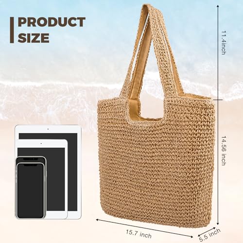 Pleneal Straw Beach Bags for Women - Women Beach Handmade Woven Tote Bag, Summer Mesh Hollow Shoulder Bag for Holiday