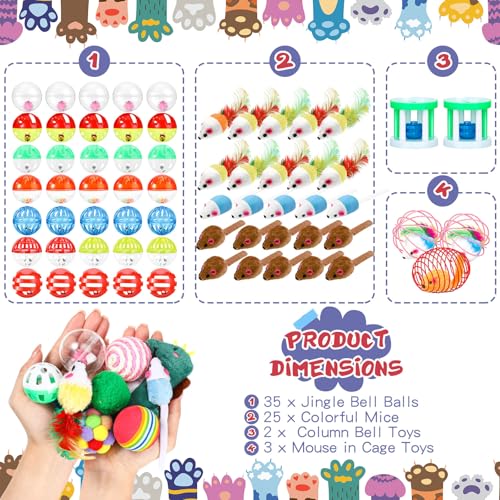 Lenwen 100 Pcs Cat Toys Set Bulk Cat Fur Mice Toys Variety Plastic Ball with Bell Furry Pompom Rattle Mouse Assorted Inter...