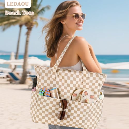 LEDAOU Large Beach Bag Women Waterproof Sandproof Zipper Beach Tote Pool Bag for Swim Gym Grocery Travel with Wet Pocket |...