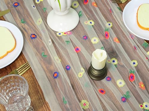 YATOJUZI Champagne Table Runner Embroidery Daisy Summer Floral Decorations Seasonal Tulle Dining Table Runners for Home Ki...