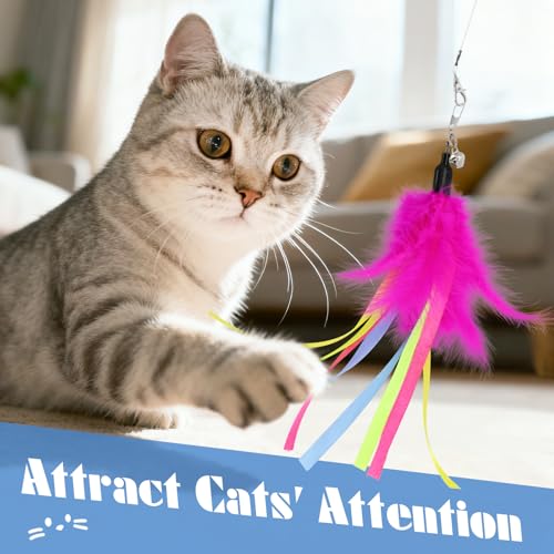 SONGWAY Cat Wand Toys for Indoor Cats - Cat Toy Set with Retractable Teaser Wand and 6 PCS Colorful Large Feather Toy Refi...
