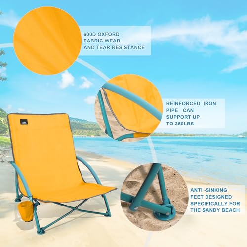 NORTHROAD 2 Pack Low Folding Beach Chair,Portable Lightweight Lowback Sling Chair, Outdoor Low Seat Camping Chair w/Cup Ho...
