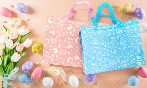 XiaosRen 2Pack Large Happy Easter Gift Bags with Card, Envelope and Tissue Paper, Reusable Non-Woven Bag with Handles for ...