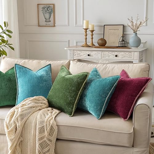 decorUhome Chenille Soft Cozy Throw Pillow Covers 18x18 Set of 2, Modern Farmhouse Boho Velvet Decorative Pillow Cases wit...