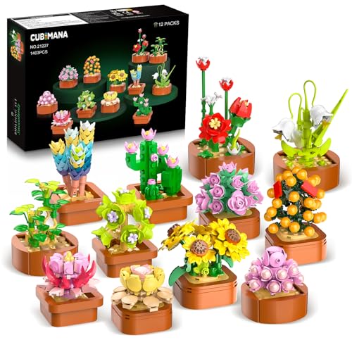 CUBIMANA 12 Pack Flowers Succulents Mini Building Set - Gifts for Mothers Day, Flower Botanical Collection for Home Office...