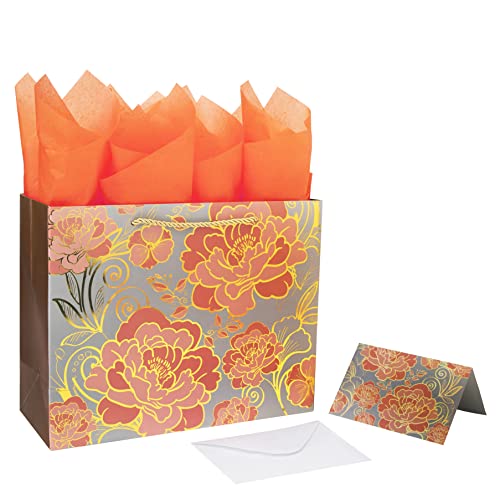 13" Large Rose Gold Gift Bag Set with Greeting Card and Orange Tissue Paper for celebrating birthdays,Mother's Day,Christm...