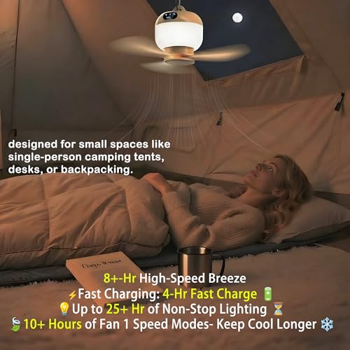 Negxi Camping Fan with Light & Remote, Portable Ceiling Fan for Tents, Canopy, Beach, RV, Car, Camper & Outdoor, Wireless ...