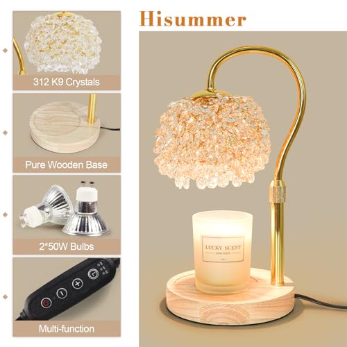 Hisummer Candle Warmer Lamp with Timer, Dimmable Candle Lamp Warmer with 312 K9 Crystals Adjustable Height Electric Candle...