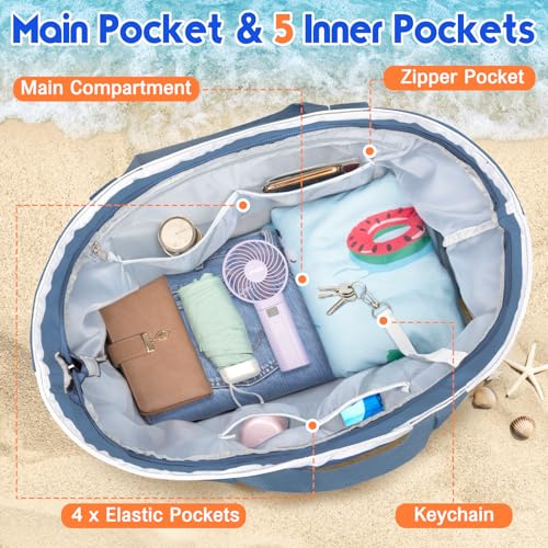 BKNOOU Extra Large Beach Bags Waterproof Sandproof XL Beach Tote Bag for Women Zipper Foldable Swim Pool Bag with Wet Pocket