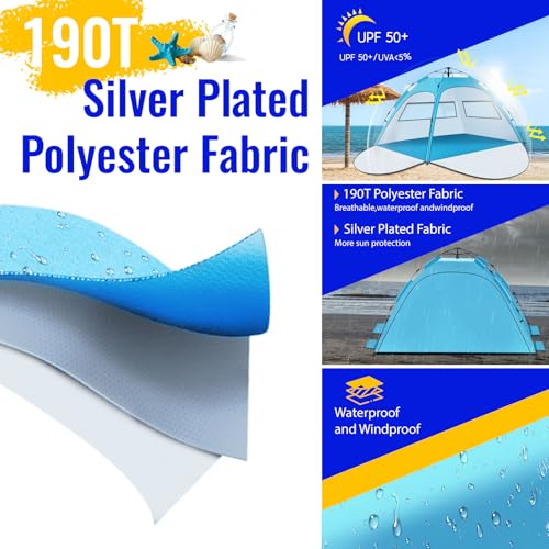 Beach Tent Sun Shelter – Pop Up Easy Setup in 3S Instant Tents for 4/5 Person Beach Umbrella Sun Shelter Shade, UV 50+ Pro...