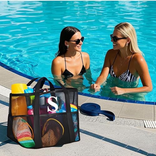 wanchel Personalized Mesh Beach Bag for Women - Waterproof Initial Tote Bag for Family Travel, Toys, Vacation Essentials