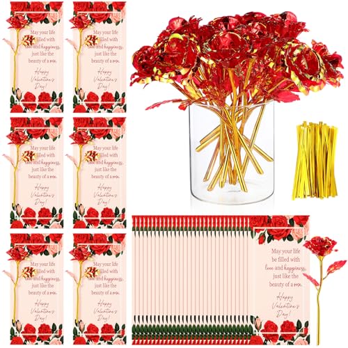 Leinuosen 30 Sets Valentine's Day Galaxy Flower Gift Rainbow Gold Foil Glass Artificial Roses with Cards Valentine Christi...