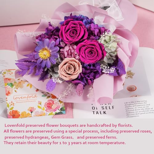 lovenfold Preserved Flowers for Delivery, Purple Rose Bouquets That Last 1-3 Years, Birthday Flowers Gifts for Women Mom G...