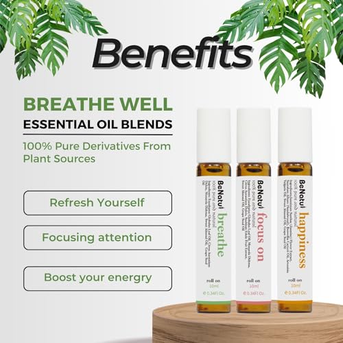 Benatu Essential Oil Blends Set (Breathe, Focus on, Happiness), Natural Aromatherapy Roll On for Massage, Body Skin Care, ...