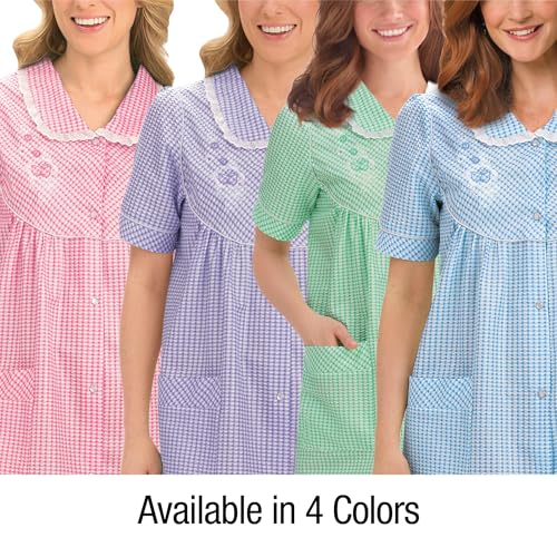Collections Etc Gingham Robe with Floral Accents, Snap-Front Closure and Lace Trim