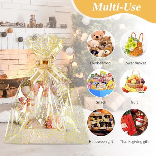 COQOFA 10 Pieces Large Cello/Cellophane Bags 18x30 Inches Clear Basket Gift Bags Gold Star Printed OPP Plastic Cellophane ...