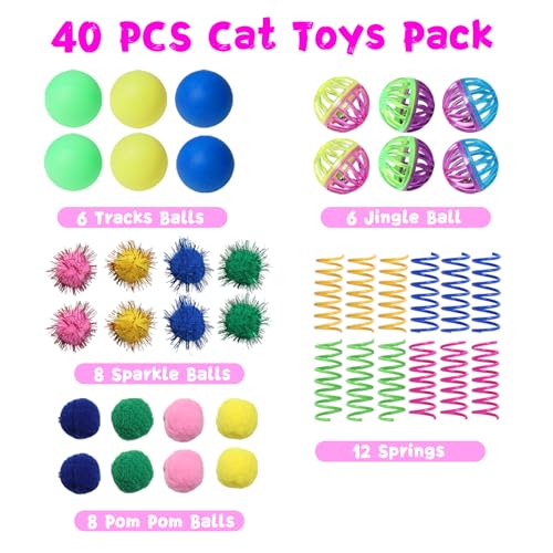 Flashine Cat Toys for Indoor Cats 40 PCS Kitten Toys Cat Interactive Toys Pack Including Cats Springs Sparkle Ball Pom Pom...