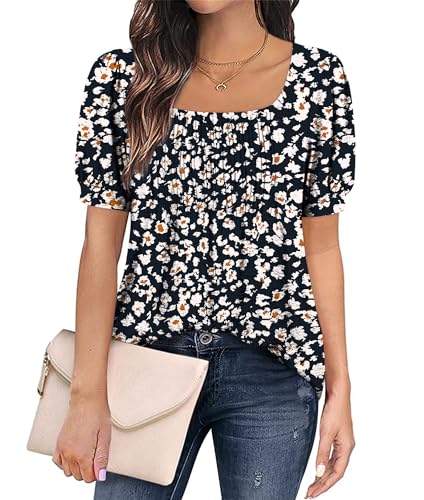 Zwurew Women's Summer Casual Puff Short Sleeve T-Shirts Square Neck Pleated Flowy Trendy Tunic Tops for Leggings S-2XL