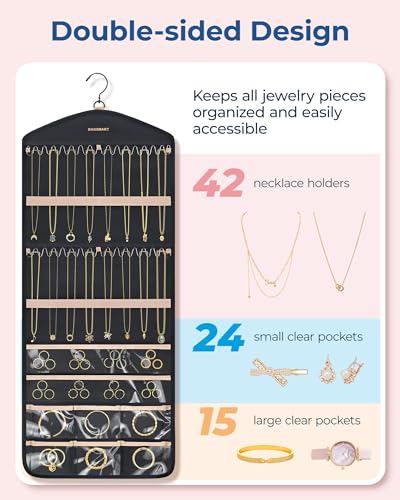 BAGSMART Hanging Jewelry Organizer with Hanger Metal Hooks Double-Sided Jewelry Holder for Organizing Earrings Necklaces R...
