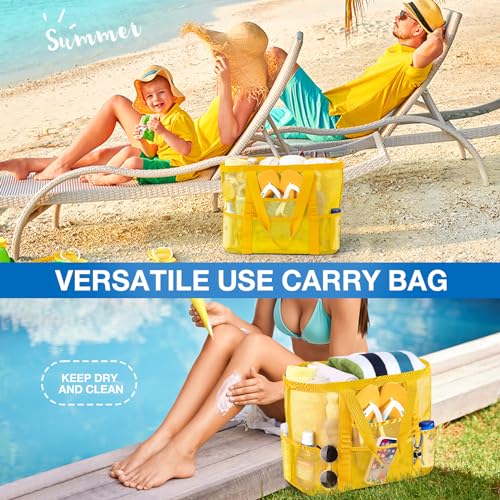 KPX Mesh Beach Bag, Large Beach Tote Bags for Women Foldable Mesh Swimming Pool Bag with Mini Pockets - Sandproof, Waterproof