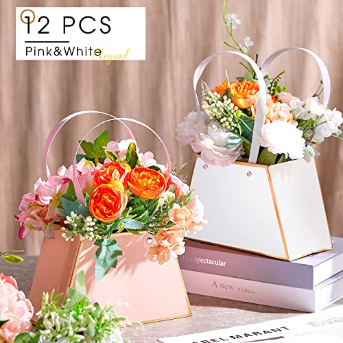 Fuutreo 12 Pcs Mother's Day Flower Gift Bags for Bouquets Portable Craft Flower Arrangement Boxes with Handle Waterproof B...