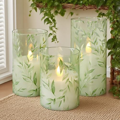 GORGE MOMENT Green Flameless Candles with Remote Willow Leaf Design Battery Operated Candles - Elegant Home Christmas Summ...