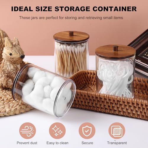 4 Pack Qtip Holder Dispenser with Wood Lids - 10 oz Clear Plastic Apothecary Jar Containers for Vanity Makeup Organizer St...
