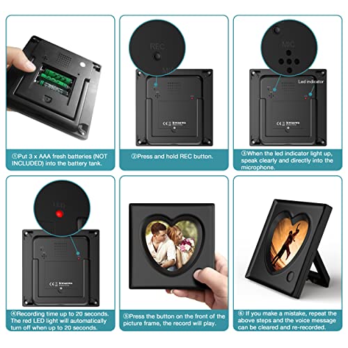 KWANWA Recordable Picture Frame – 20-Second Voice Recording, 3.9x3.9 Heart Shape Photo Frame, Personalized Keepsake for Lo...