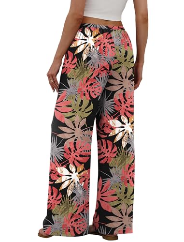 Sampeel Wide Leg Pants for Women Flowy Palazzo Drawstring Elastic Waist Trousers with Pockets Summer Beach Vacation Clothes