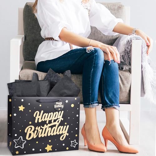 ZGORENDZ 14'' Large Gift Bag Gold Foil Happy Birthday Party Bag with Tissue Paper, Card, Envelope, Gift Tag