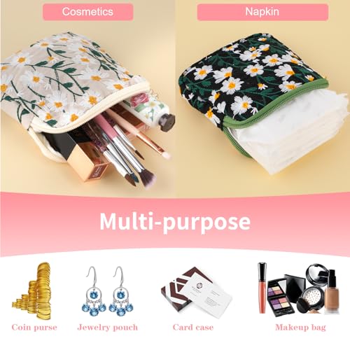 TIESOME Daisies Sanitary Napkin Storage Bag, 2 Pcs Embroidery Menstrual Cup Pouch Cotton Soft Period Holder Bag Portable T...